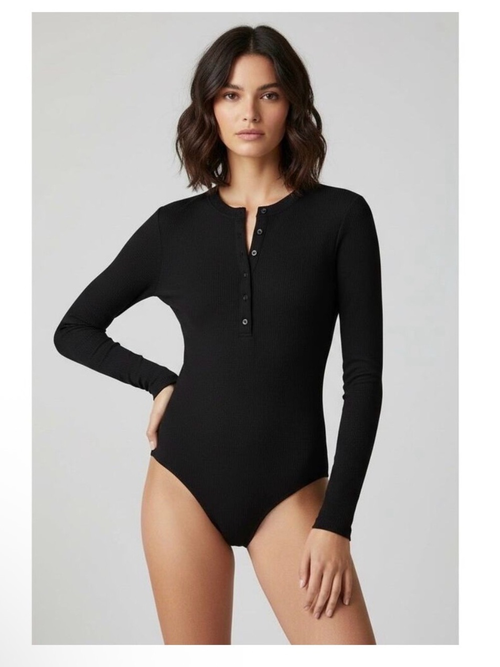 Reformation Black Long-Sleeve Henley Snap Bodysuit